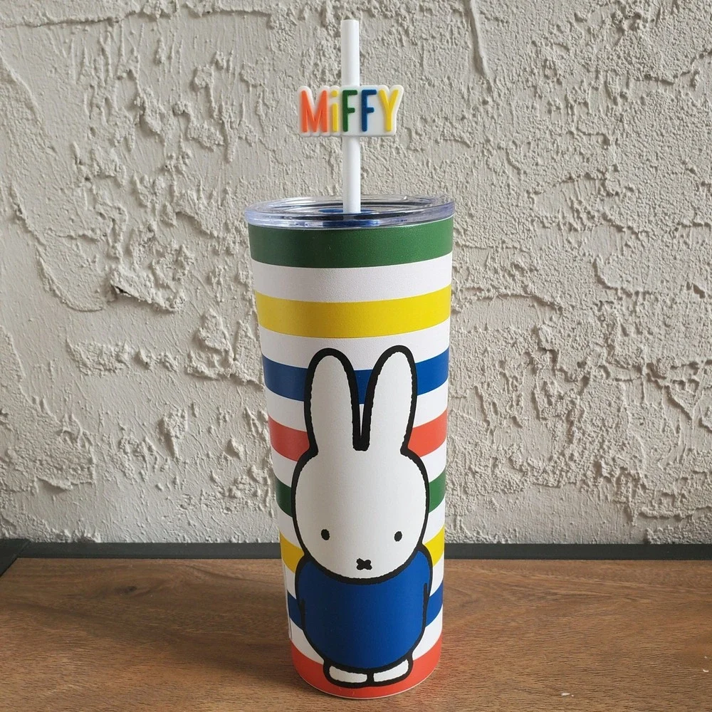 Miffy Stainless Steel Insulated Tumbler Straw Rainbow Stripes 16 oz Kawaii Bunny